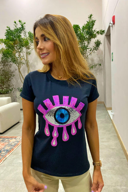 T-SHIRT OJO TURCO NEGRO-FUCSIA